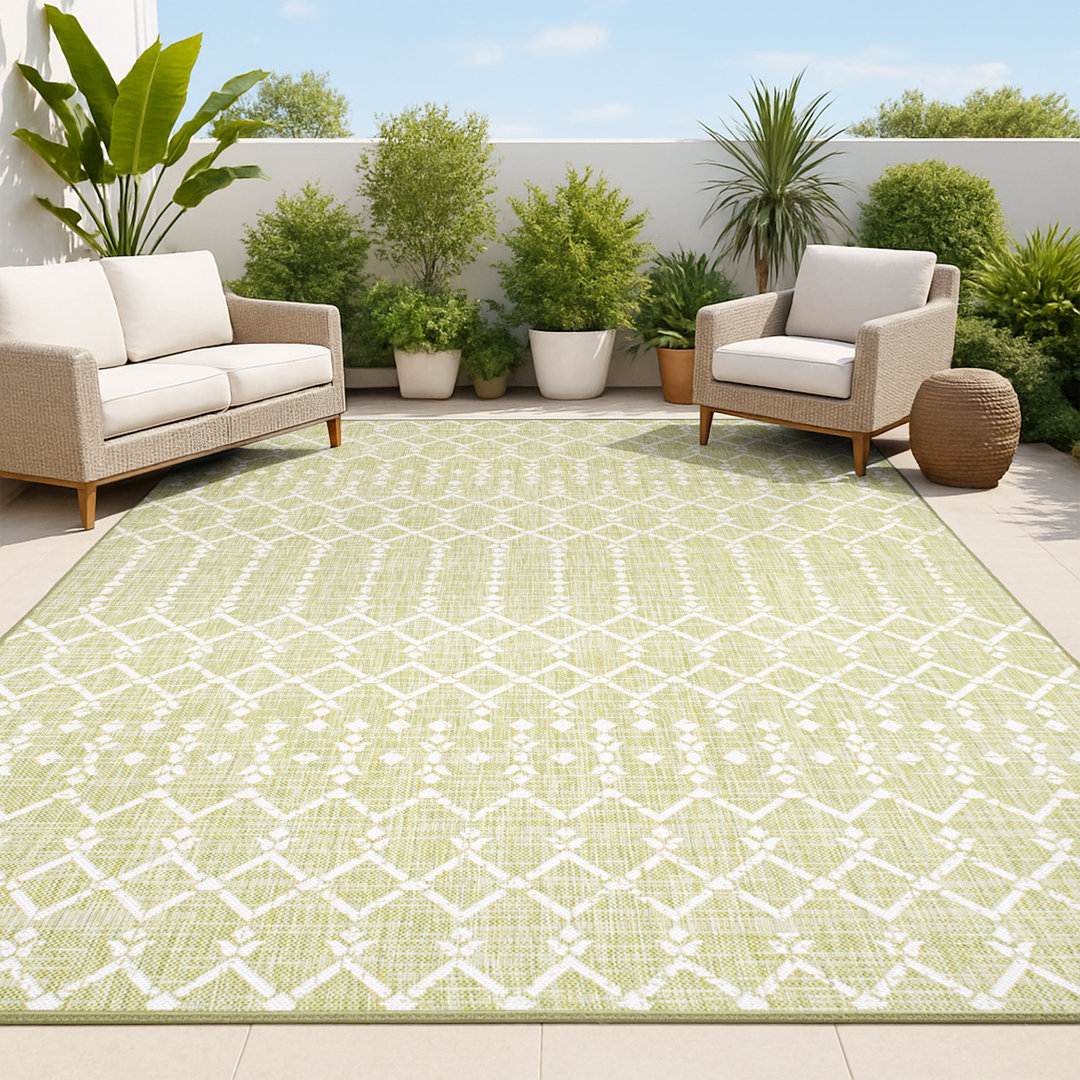 Krystina Moroccan Geometric Textured Weave Light Green/Cream Indoor/Outdoor Rug Dakota Fields Rug 
