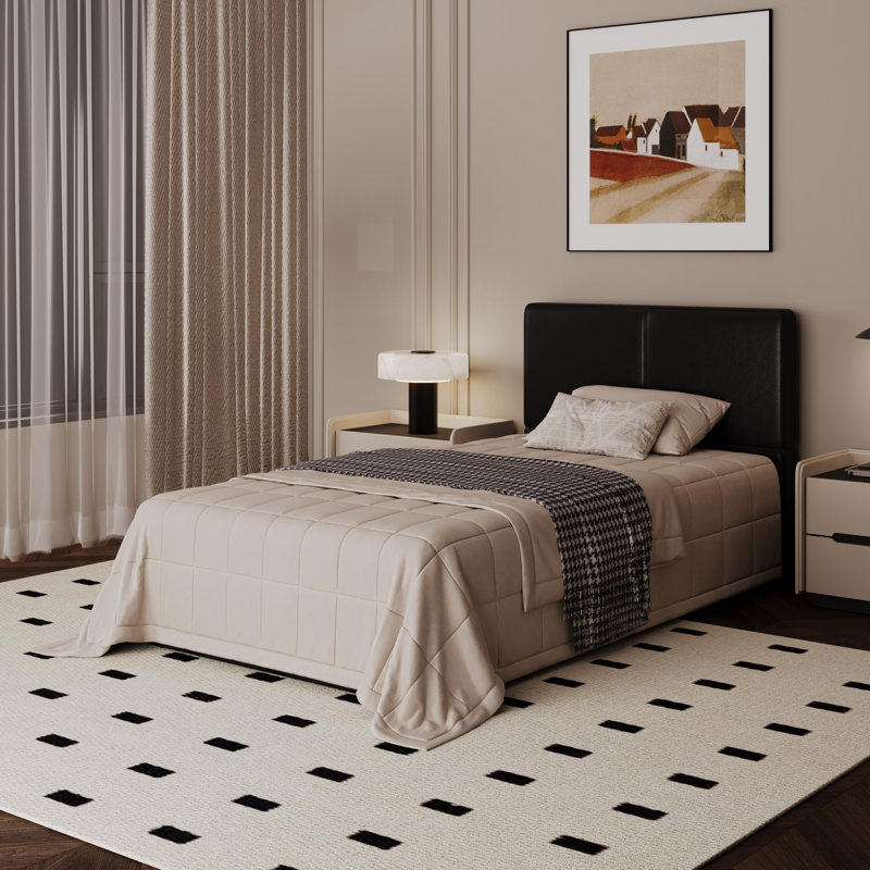 Base de lit plateforme tapissier, tête de lit et lattes en bois, aucun sommier requis, Lit simple, Noir