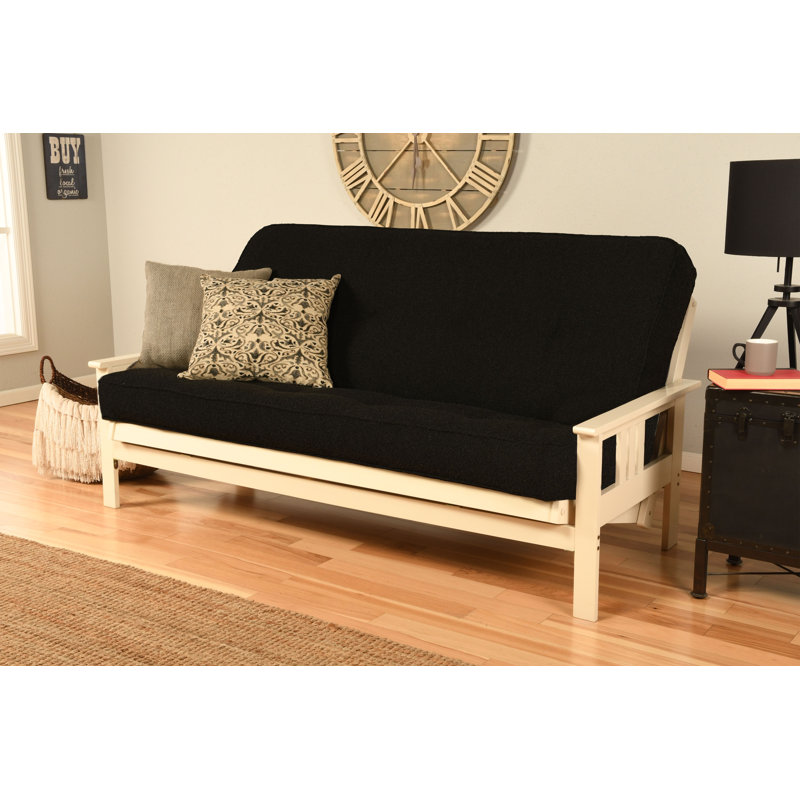 Structure de futon double avec matelas à ressorts double Johnte, Premium Pocket Coil, Canton noir, Blanc antique