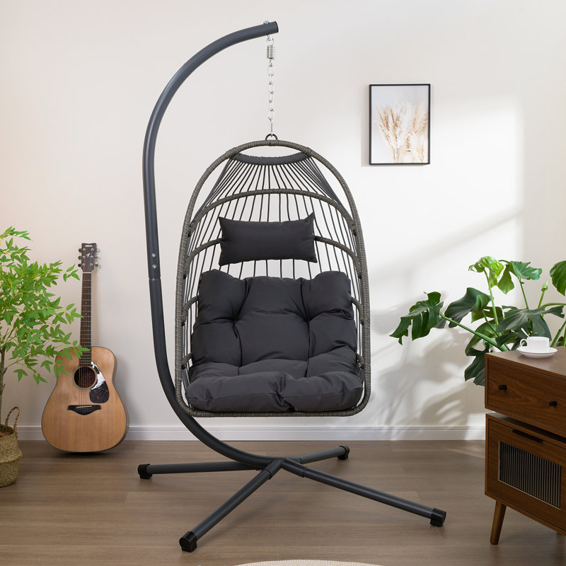 Outdoor Swing Egg Chair - 38.71 In Height, Black + Gray, Fade-, For Patio And Bedroom Decoration Hanging With Stand Suspension Chain, Washable Cushion, 75.99 Depth, Garden Porch Relaxing Time