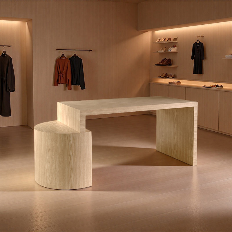Table de présentation au détail en bois naturel, H 29,53 po x l 94,49 po x P 23,62 po, Burlywood