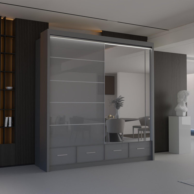 Bahos 3 Door Manufactured Wood Wardrobe, Grey, 220cm H x 208cm x W 66cm D