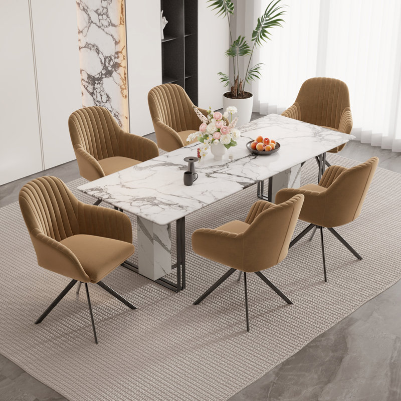 Velvet Upholstered Side Chair, Brown, 6, Brown
