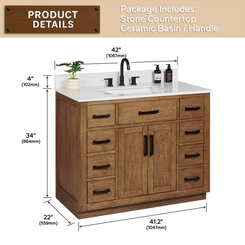 42'' Single Bathroom Vanity with Drawer, Shelf, Outlet, and Engineered Marble Top, Dark Brown Walnut, 42''