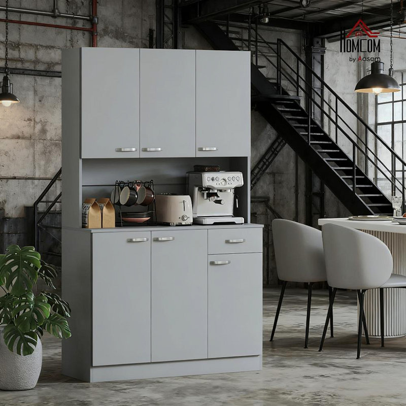 Gray  Kitchen Pantry Tall Storage Cabinet With Microwave Stan  Kitchen Pantry Cabinet, Gray