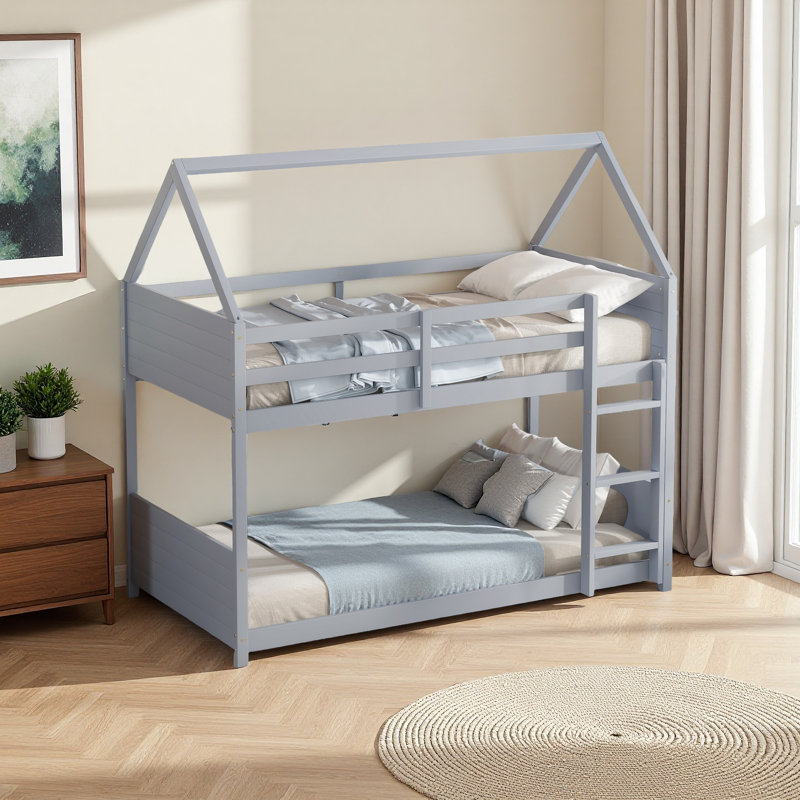 Lit superposé simple au-dessus d'une chambre simple avec tête de lit, pied de lit et garde-corps, échelle, lit superposé en bois d'hévéa avec garde-corps de sécurité
