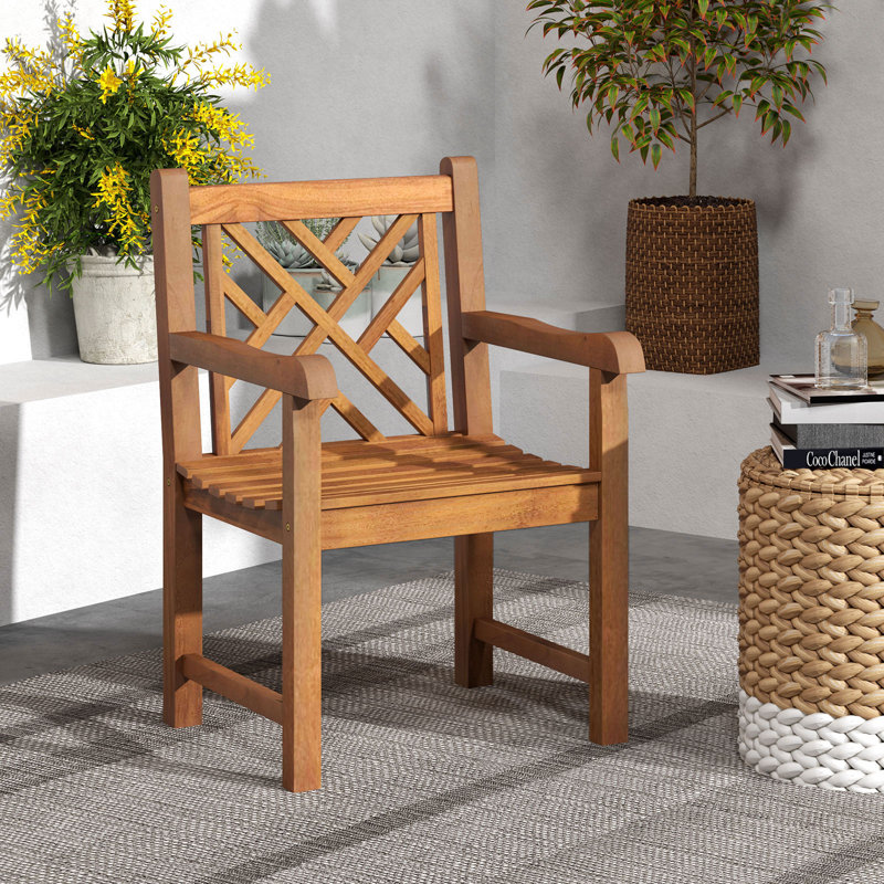 Teak Wood Patio Dining Chair Outdoor Armchair w/ Slatted Seat & Solid Legs