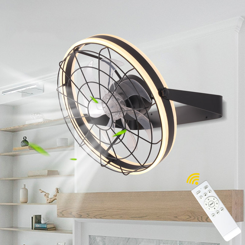 22 Inch Modern Black Wall Mounted Ceiling Fan With Light And Remote, Caged Fan With Adjustable Tilt Head