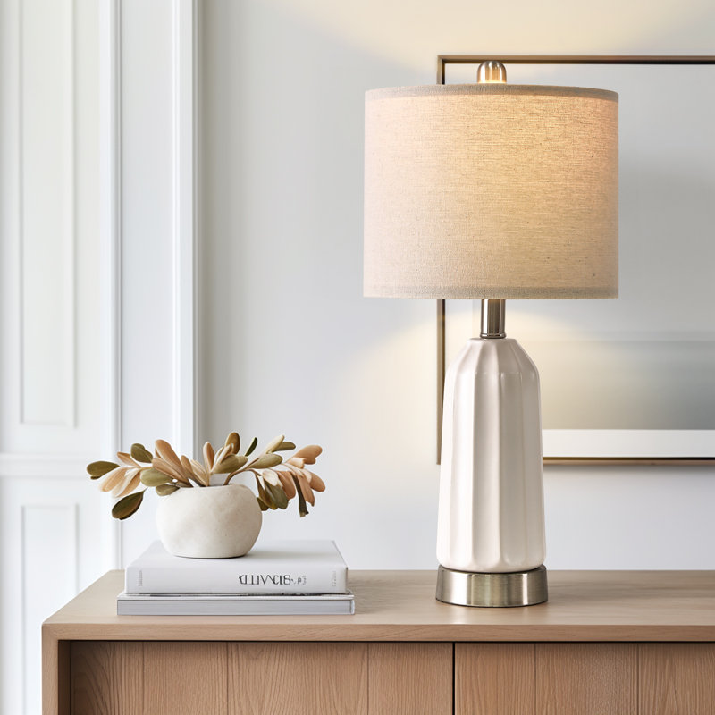 20"white Ceramic Lamp With Charging Port Suitable For Living Room,bedroom,desk,office