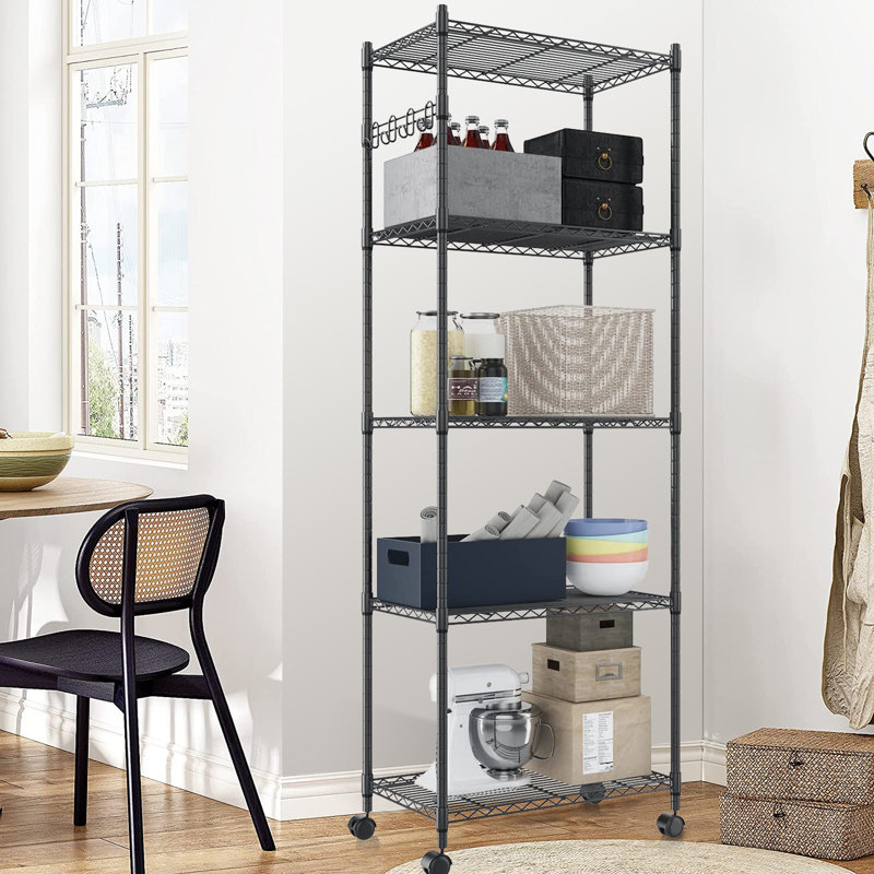 Westbrooke - Adjustable Storage Chromed Wire Shelving Unit with Wheels Hooks, Black, 70.86'' x 23.23'' x 13.78''
