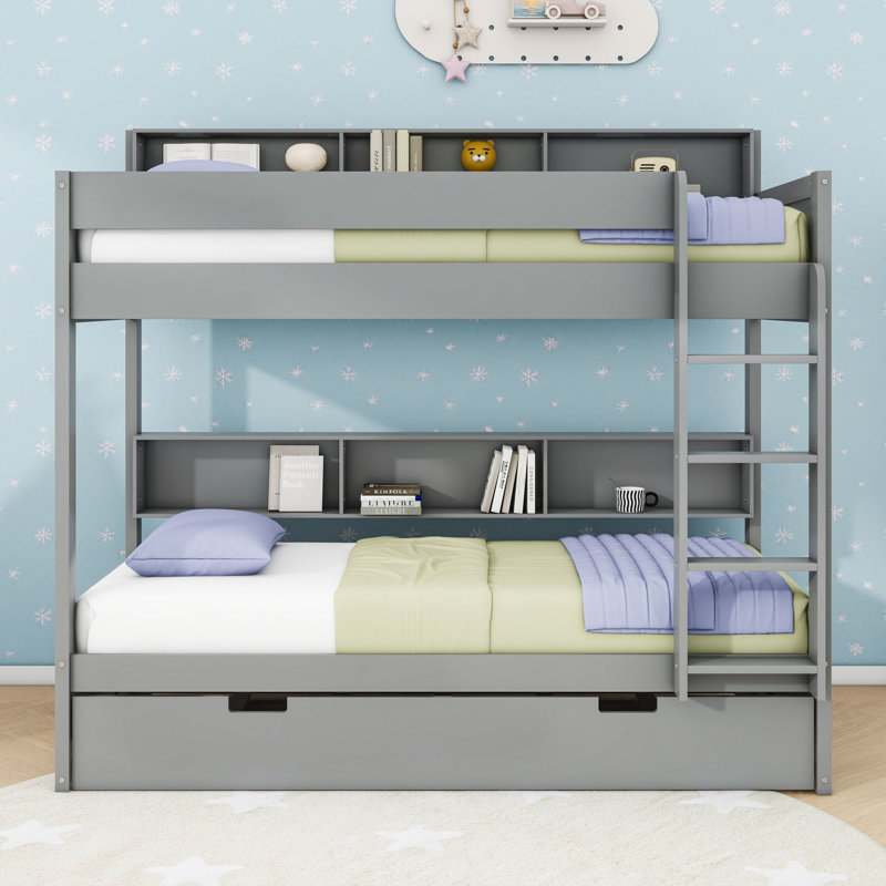 Lit superposé avec lit gigogne et tablettes de rangement intégrées, Gris, Twin