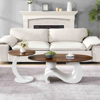 Ensemble de 2 tables basses gigognes blanches, orales et rondes, table de salon, grande 47,24 po, petite 19,69 po