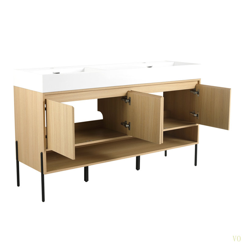 Ensemble de meuble-lavabo 60 po avec double vasque en résine, ensemble d'armoires de rangement modernes 4 portes, bois massif multicouche