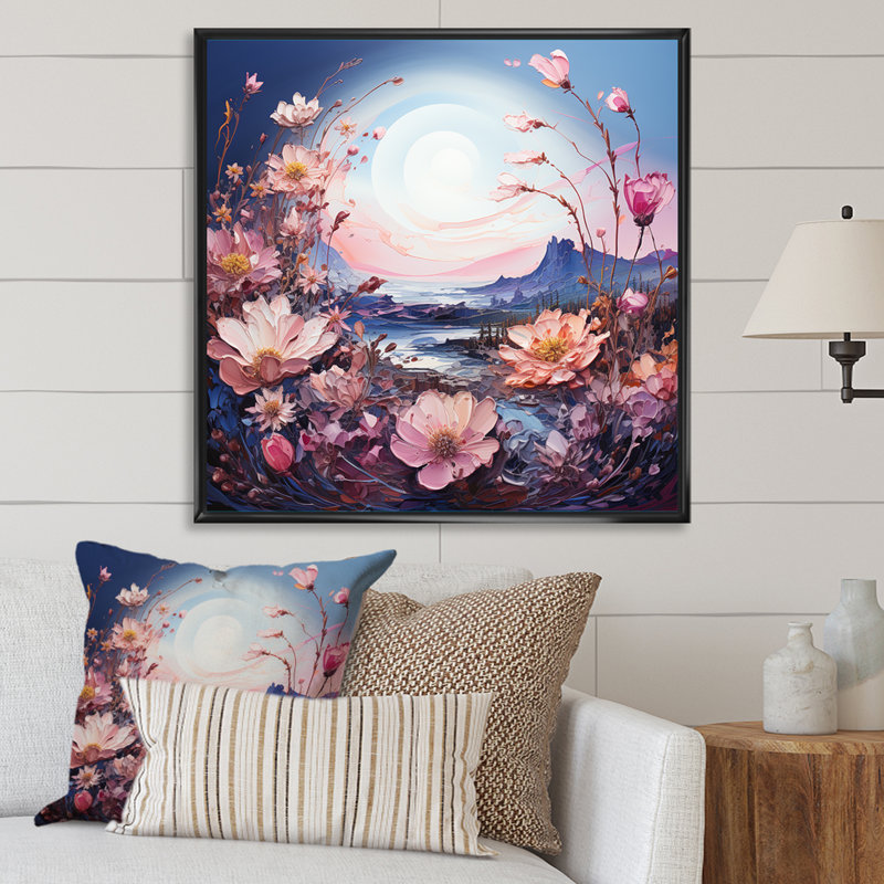 Lune mauve avec paysage de rêve, Cadre flottant noir, H 24 po x l 24 po x P 1 po