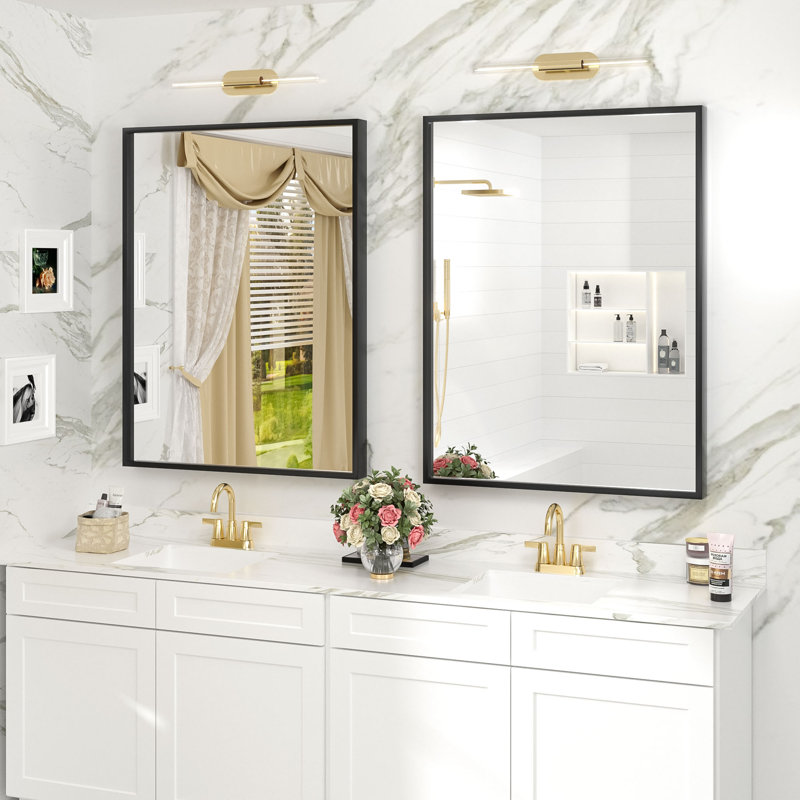 Amara Tempered Glass and Aluminum Alloy Framed French Cleat Mounted Wall Mirror, 36" x 28", Matte Black