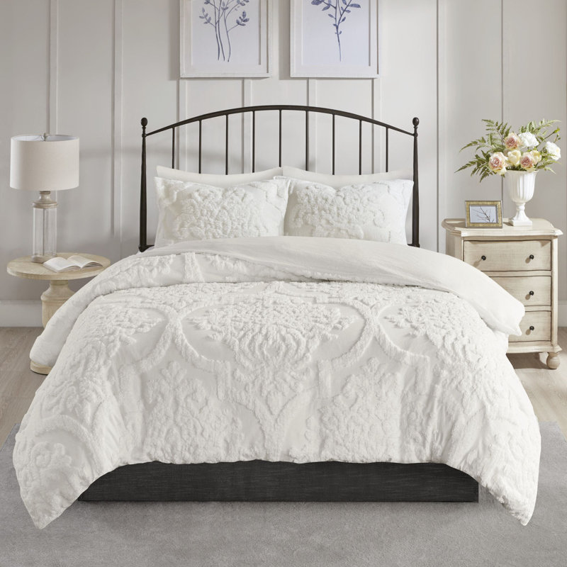 Ensemble de housse de couette en chenille de coton à motif damas capitonné de trois articles Viola, Blanc