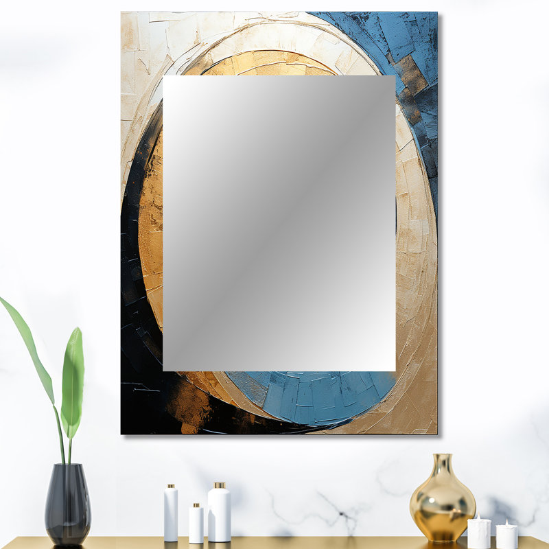 Gold Blue Minimalism Spiral Poteries I - Abstract Decorative Mirror On Metal, 40" x 30"