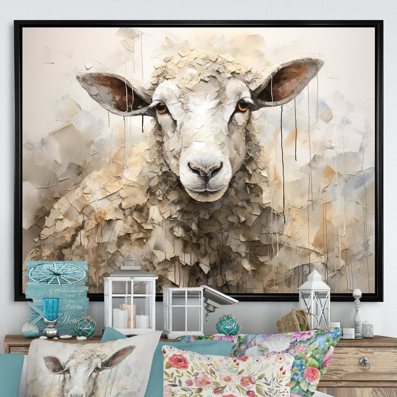 Cozy Beige Minimalism Sheep II - Sheep Canvas Wall Art, Black Floater Framed, 16" H x 32" W x 1" D