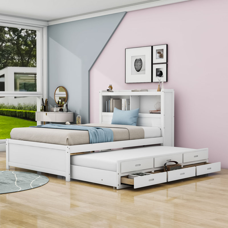Leanni Full 3 Drawers Wood Platform Bed with Twin Size Trundle and USB Ports, White