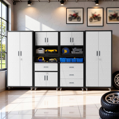 6-Piece Garage Storage Systems Set, Metal Garage Storage Cabinets with Wheels, 2 Wall Mounted Cabinets + Rolling Cabinets + 2 Tall Pegboard Cabinets, Lockable Tool Chest Organizer