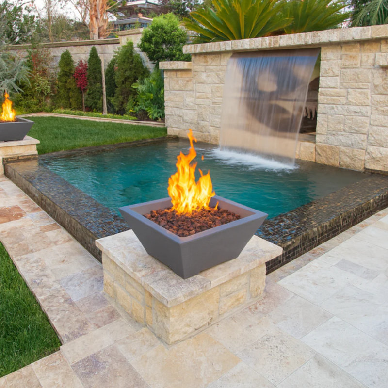 Rockland 27" Square Concrete Fire Pit Bowl, Dark Gray, Natural Gas