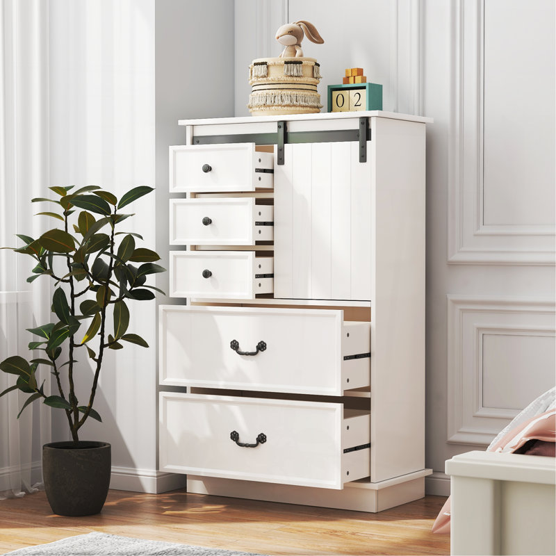 Commode décorative de ferme avec porte coulissante, 5 tiroirs et tablette réglable, blanc
