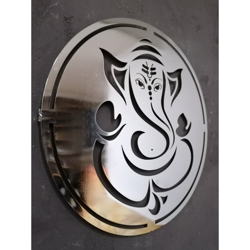 Décoration murale en métal Ganesha, décoration murale en métal Ganapati, H 18 po x l 18 po x P 0,5 po, Argent luisant