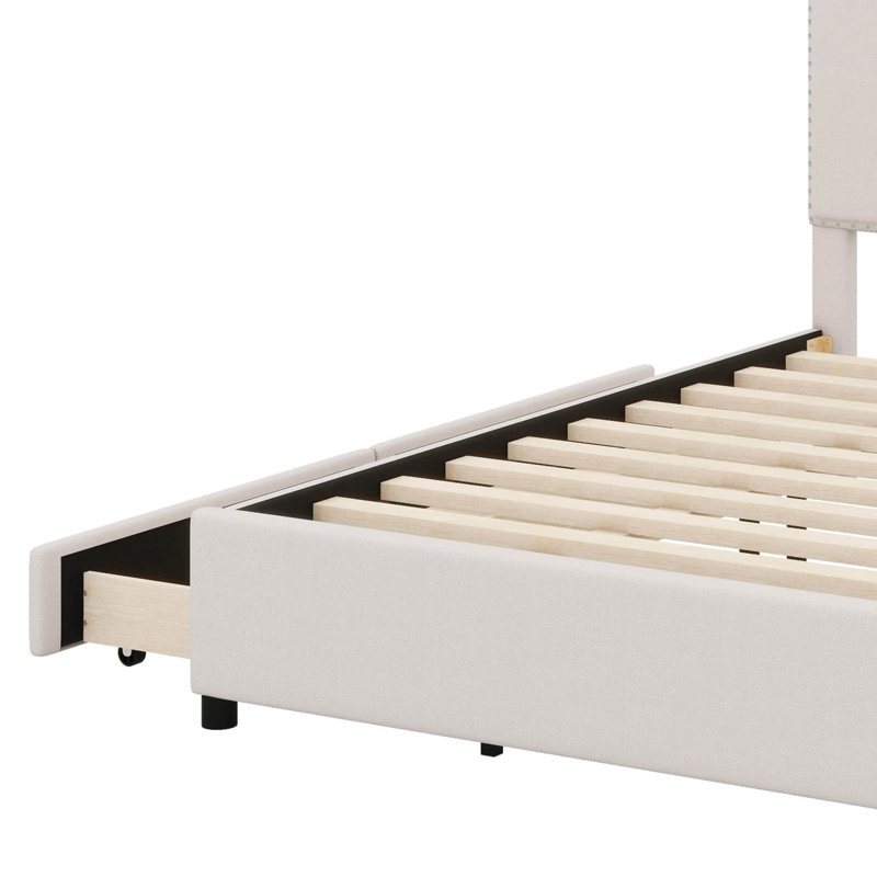 Lit plateforme avec tête de lit rembourrée et 2 tiroirs intégrés, Beige, Grand lit