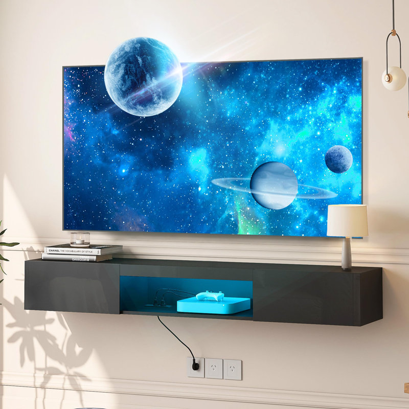 Floating Wall-Mounted TV Stand with 16-Color LED, 63" Modern Entertainment Center for 55-65" TVs, Black