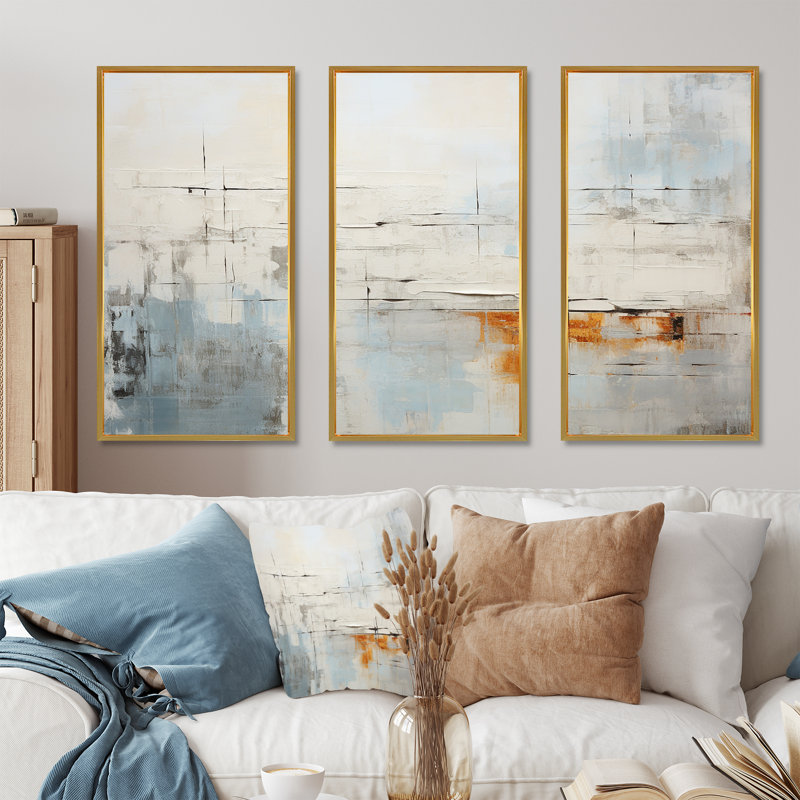 Minimalisme beige et horizon doré - Collages abstraits sur toile, ensemble d'art mural, Cadre flottant doré