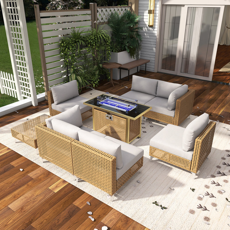 8-Piece Patio Conversation Set With Propane Fire Pit Table, Coffee Table, Beige Cushion/Orange Frame