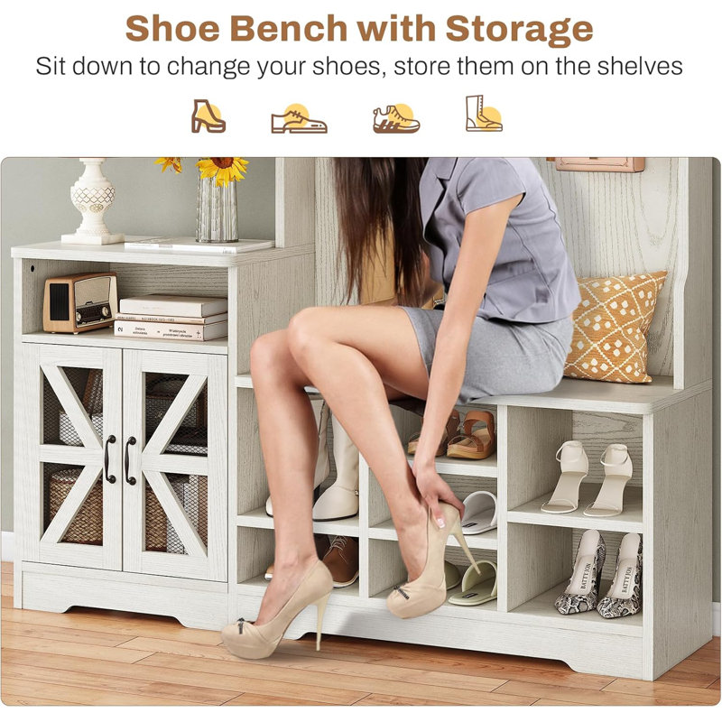 Embossed White Hall Tree with Bench and Storage Shelves