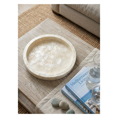 Capiz Shell Decorative Tray, Cream MDF Vanity Organizer with Natural Mosaic Finish, 13.8" Round Serving Platter for Coffee Table or Bathroom Counter
