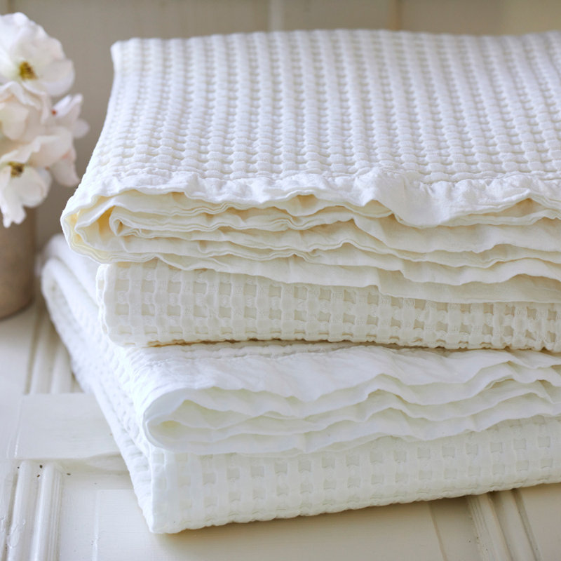 Waffle Weave Cotton Blanket, Cream, Throw