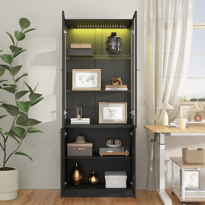 78.7'' H X 31.5'' W Display Bookcase With Led Light & Glass Doors
