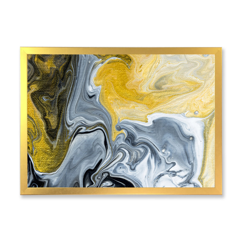 Noir noir, blanc et marbre abstrait II - peinture sur toile, H 34 po x l 44 po, Encadrement doré