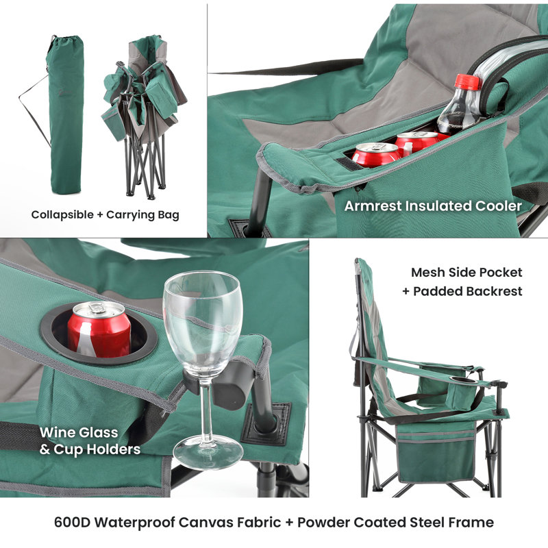 Green XXL Folding Padded Camping Chair with Cup Holder and Cooler