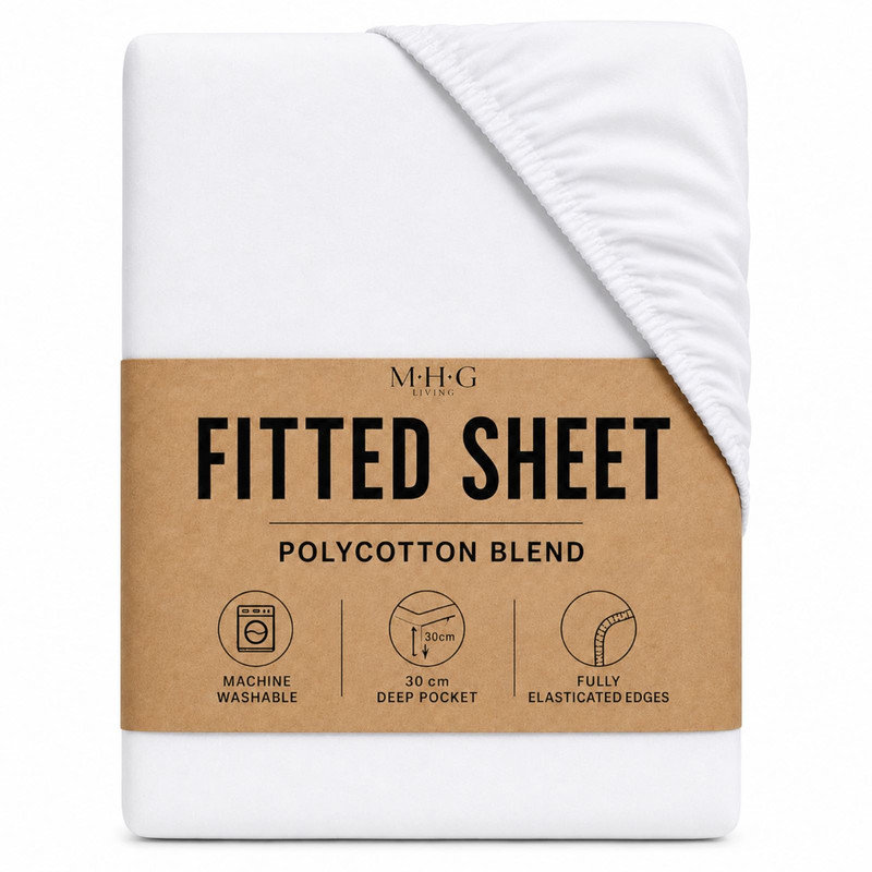 MHG Living Fitted Sheet 30 cm Deep Pocket - Fully Elasticated Polycotton Bed Sheet - Single/Double/King/Super King, White