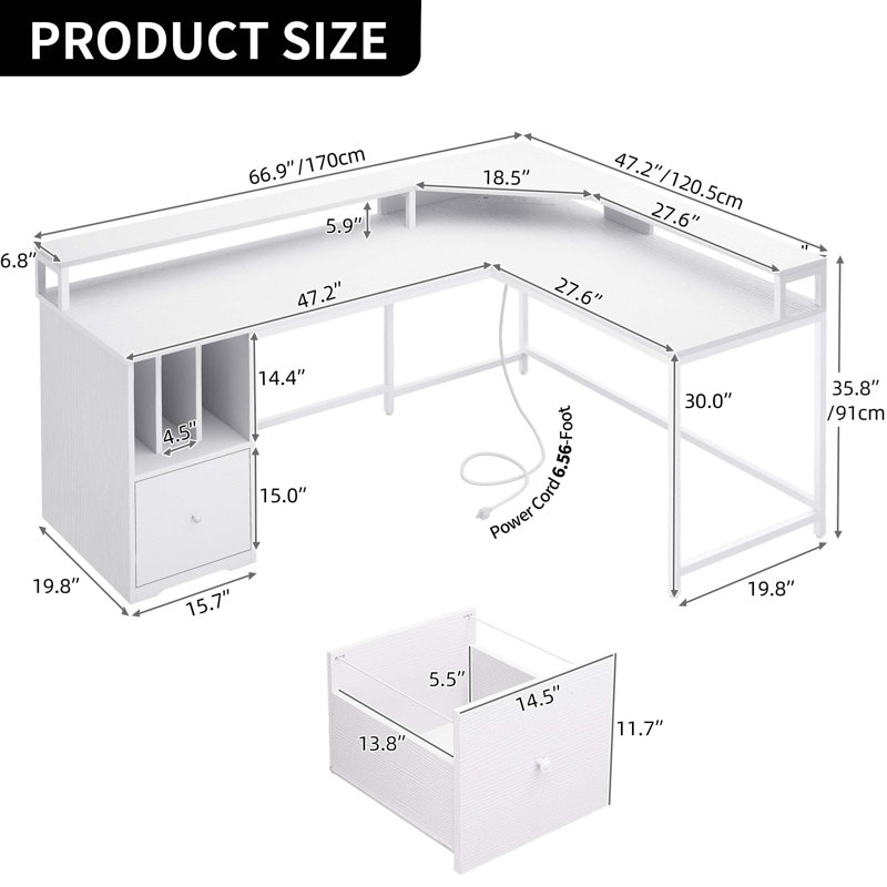 Monge 67'' L-Shape Wood Desk Computer Table with LED Light & Power Outlets, White