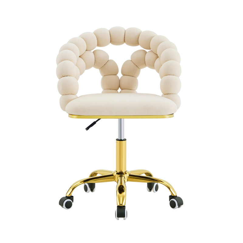 Modern Velvet Adjustable Swivel Desk Chair with Bubble Back, Upholstered Vanity Chair with Gold Metal Base, Rolling Office Chair for Home Office, Bedroom, Makeup Room, Beige (Set of 1)