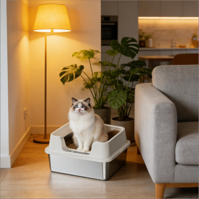 Bac à litière en acier inoxydable avec couvercle pour chats, fond antiadhésif anti-urine haut de gamme avec pelle, Blanc