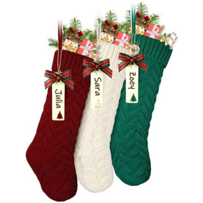 Knit Christmas Stockings With Name Tags, 3 Pack 18" Large Cable Xmas Stockings Classic Burgundy Red, Ivory White, Green Chunky Hand Stockings