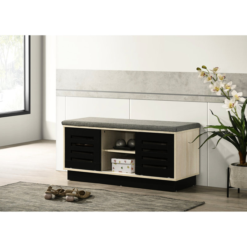 Tempting Shoe Cabinet With Upholstered Top And Sliding Door Temptation 38.5"W Oak Finish Doors &