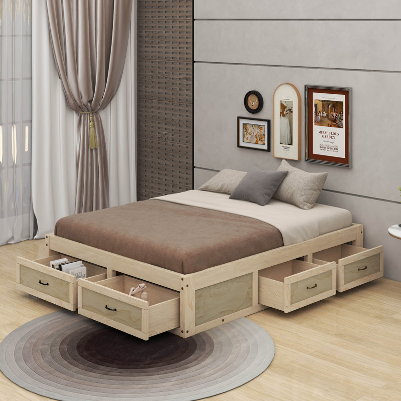 Grand lit plateforme avec 6 tiroirs de rangement, Naturel antique