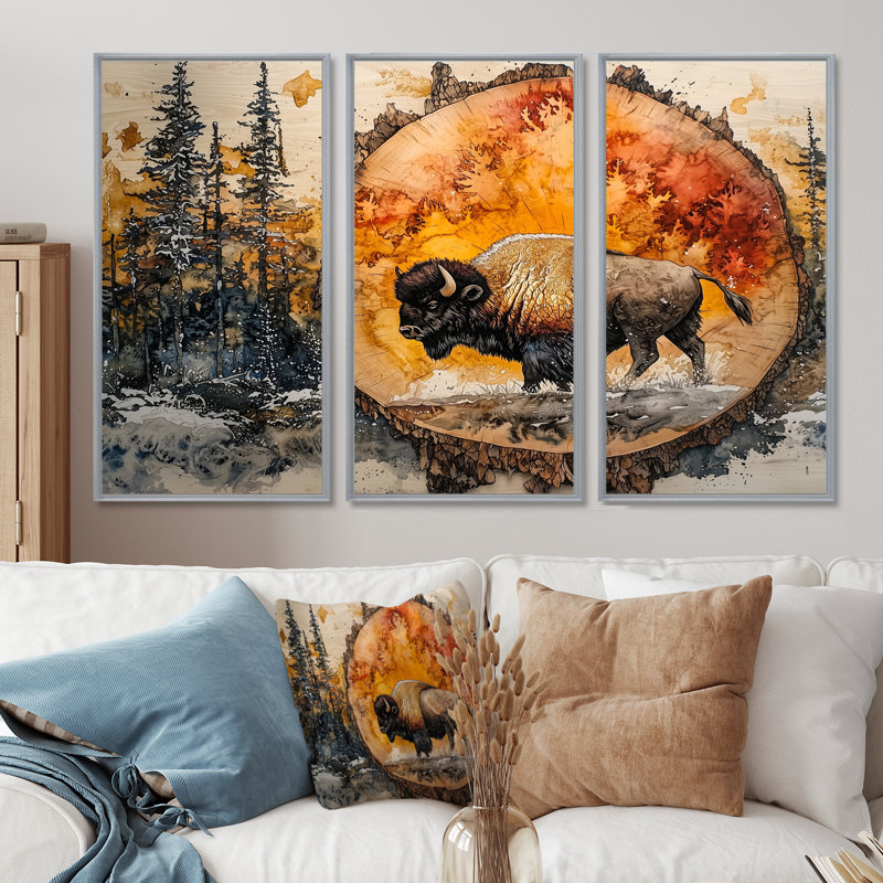 Bison américain dans une glissade en bois, paysage de forêt I - art mural bison pour le salon - ensemble de 3, Argent argent