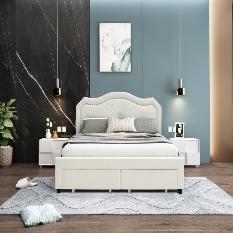 Lit plateforme avec rangement Finley, beige, Très grand