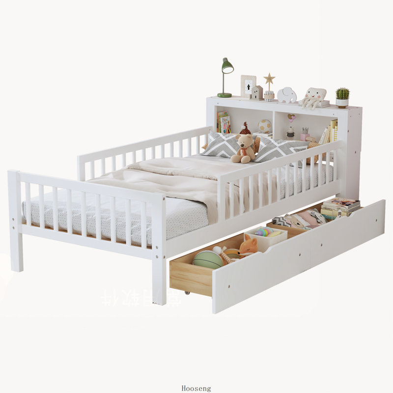 Lit simple avec support de tête de lit, deux tiroirs sous le lit et trois barrières de sécurité, blanc, aucun lit pour enfant requis