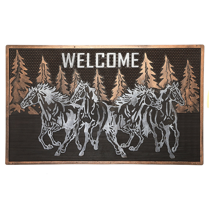 Non-Slip Black Rubber Outdoor Door Mat with Horse Print