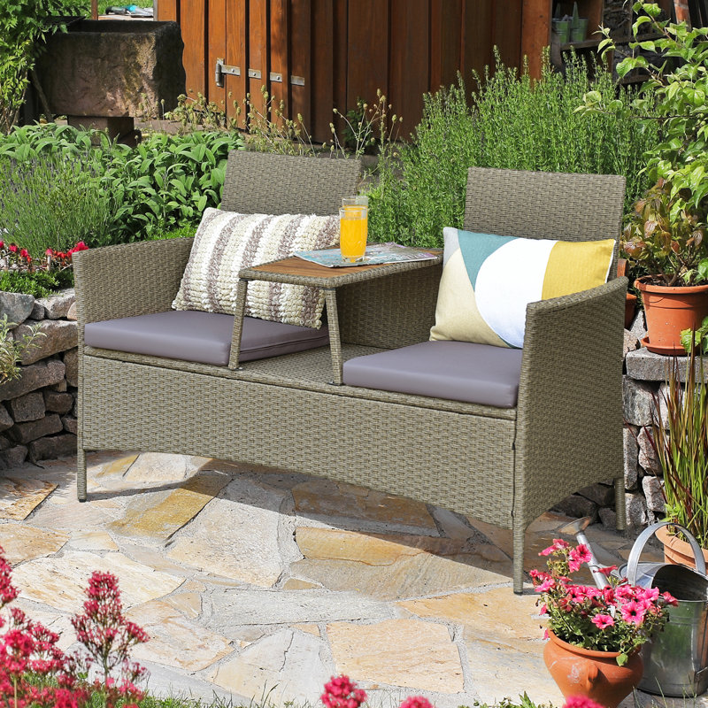 Janik 2-Person Patio Rattan Conversation Furniture Set with Coffee Table And Cushions