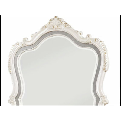 Chantelle Pearl White Finish Mirror With Beveled Edge And Scrolled Ornamental Trim, Perfect For Enhancing Home Elegance